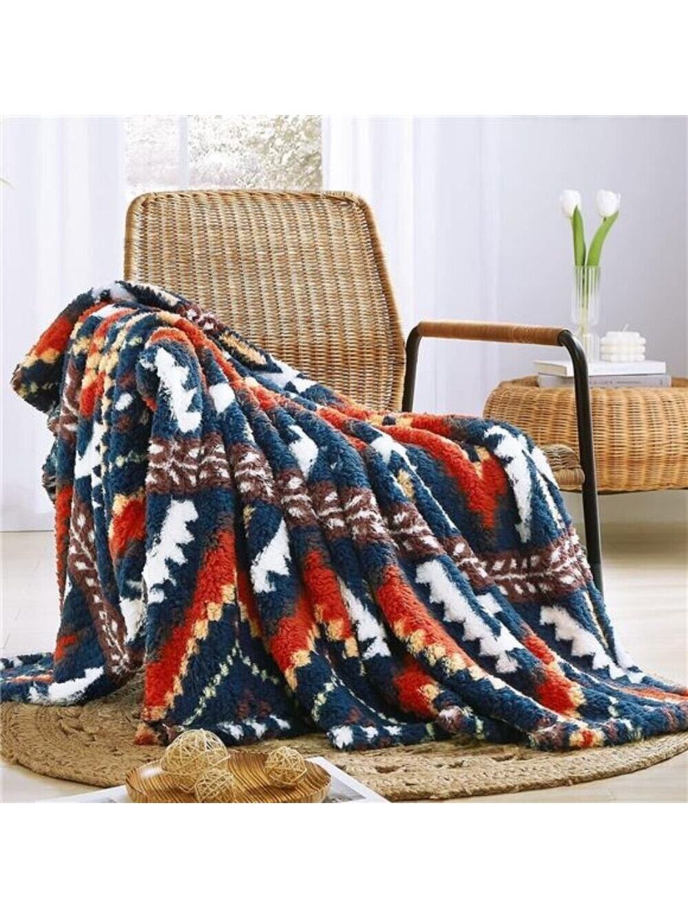 Boho Sherpa Throw Blanket Aztec Navy Ultra Soft Warm Cozy Plush Thick Fleece